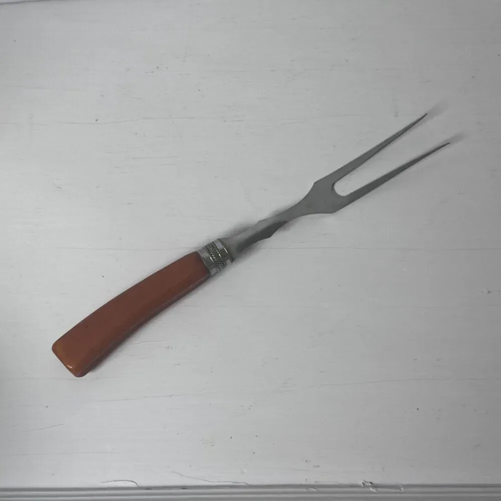 Vintage Serving Carving Fork MCM Brown Bakelite Handle